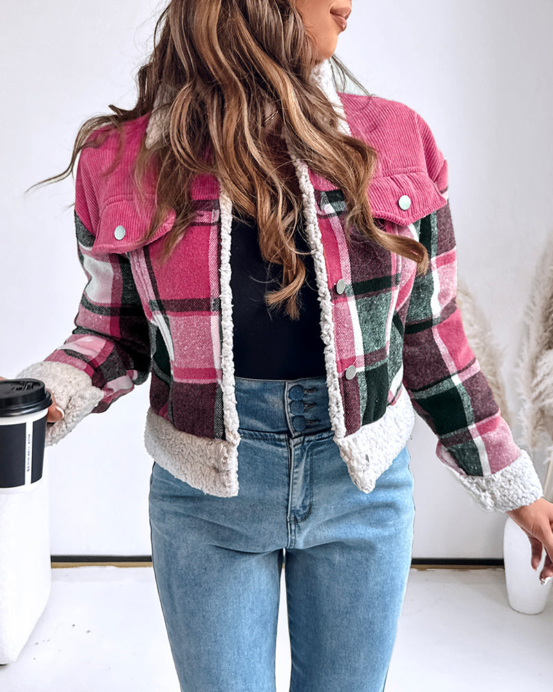 Vintage Plaid Print Corduroy Spliced Turn-down Collar Button Front Thermal Lined Jacket Casual Flap Detail Faux Shearling Trim Crop Warm Coat - Image 8