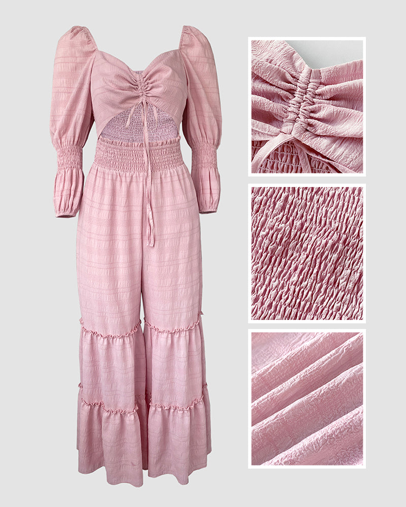 Sweetheart Neck Puff Sleeve Drawstring Front Shirred Overalls Casual Cutout Front Ruffle Hem Wide Leg Jumpsuit - Image 6