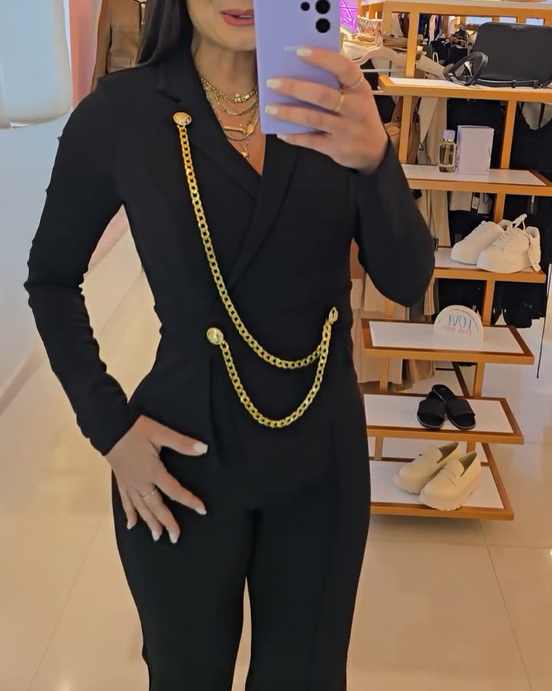 Chain & Button Decor Notched Collar Overlap V-Neck Slit Spliced Overalls Casual High Waist Seam Front Zipper Back Jumpsuit - Image 6