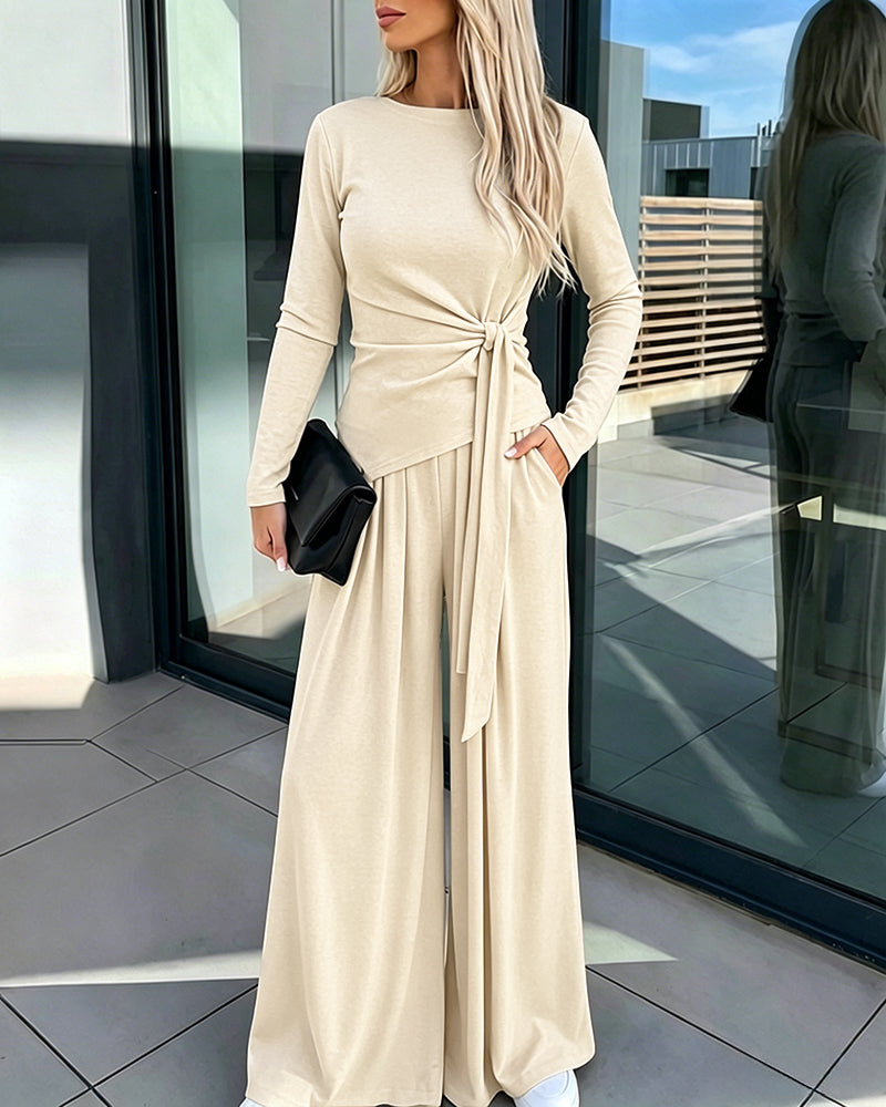 Women's 2 Piece Knit Lounge Set Long Sleeve Tie Waist Top and High Waisted Wide Leg Pants Casual Soft Sweatsuit with Pockets - Image 21