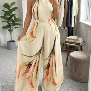 Women's Elegant Ink Floral Print Wide Leg Jumpsuit Casual Sleeveless Vacation Overalls with Belt