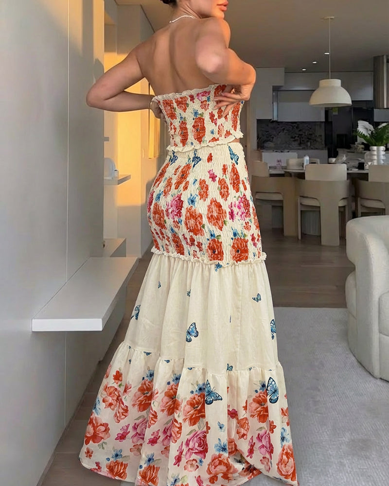 Floral & Butterfly Print Frill Trim Bandeau Tied Detail Ruched Mermaid Hem Dress Elegant Cutout Front Shirred Ruffle Hem Vacation Dress - Image 2
