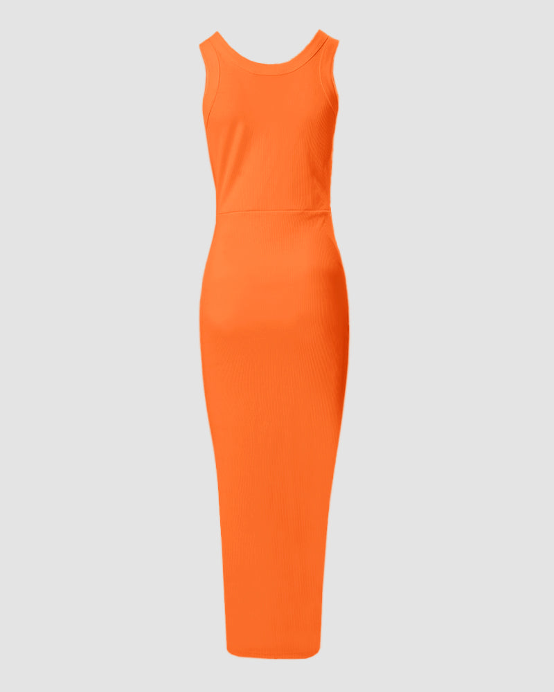 Side Slit Drawstring Ruched Bodycon Casual Sun Maxi Dresses Sleeveless Ribbed Tank Dress - Image 19