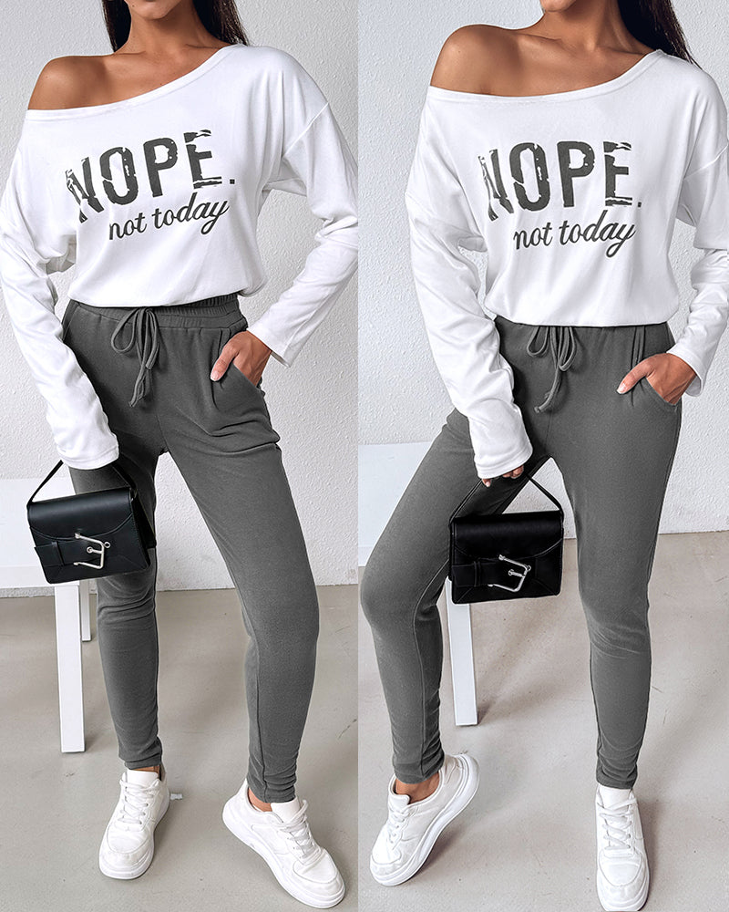 2 Pieces Outfit Nope. Not Today Slogan Print Skew Neck Long Sleeve Pullover Top And Casual Drawstring Stretchy Waist Slim Fit Pants Set - Image 16