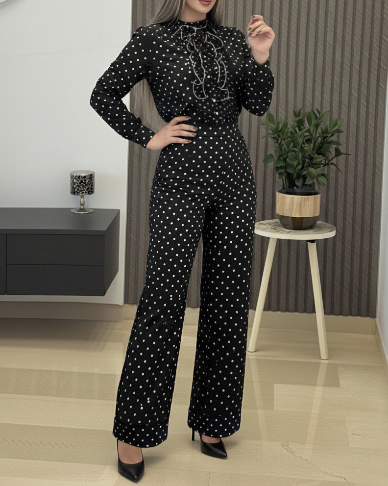 2 Pieces Outfit Stand Collar Button Front Ruffles Spliced Top and High Waist Straight Leg Pants Set Casual Polka Dot Print Commuting Set - Image 5