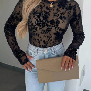 Women's Mesh Flocked Floral Top Lined Sheer Long Sleeve Tee Crewneck Slim Fit Layering Under Base Top with Thumbholes