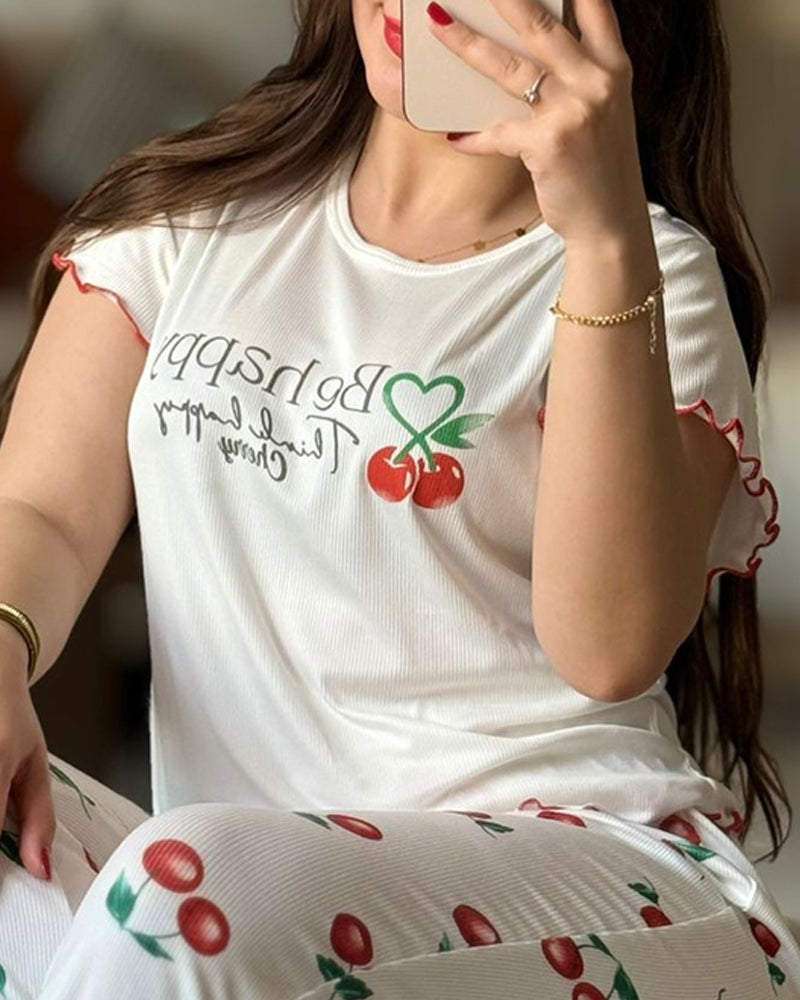 2 Pieces Outfit Letter & cherry Print Short Sleeve Frill Trim Top and Elastic Waist Pants Set Casual Ribbed Pajamas Set - Image 2