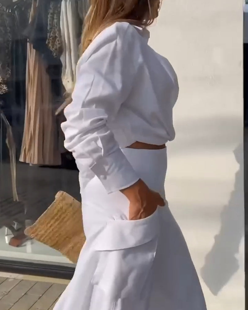 2 Pieces Outfit Turn-down Collar Long Sleeve Ruched Stretchy Hem Crop Top and Casual Elastic Back Waist Pockets Design Wide Leg Pants Set - Image 4