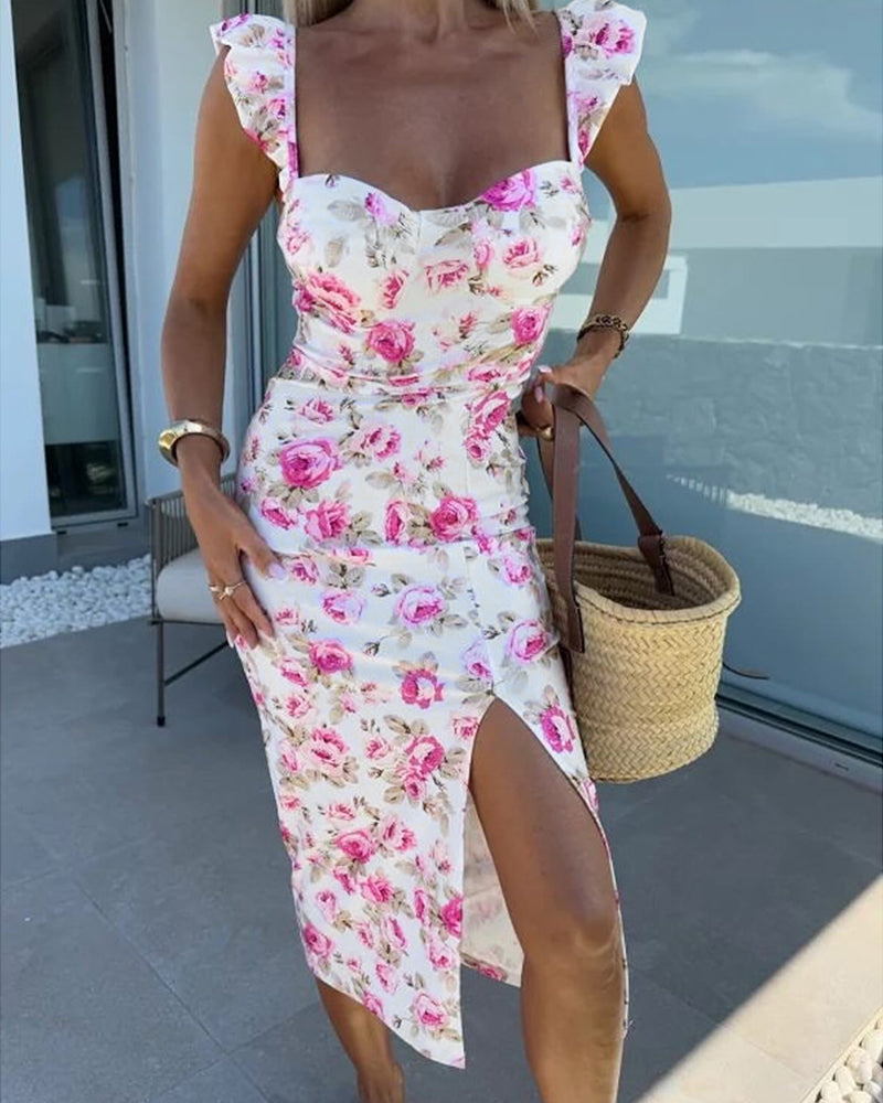 Women's Floral Midi Dress Sweetheart Neck Flutter Sleeve Side Slit Sundress Backless Vacation Dress with Built in Bra - Image 4