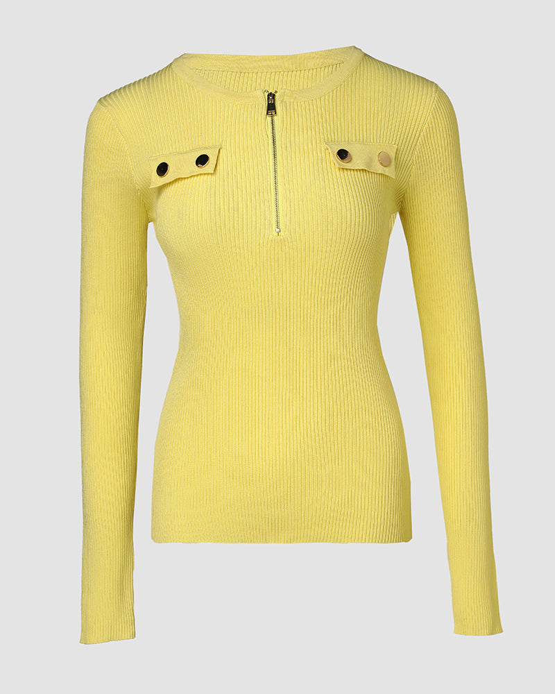 Crewneck Half Zipper Flap Detail Knit Sweater Long Sleeve Slim Fit Ribbed Pullover Top - Image 29