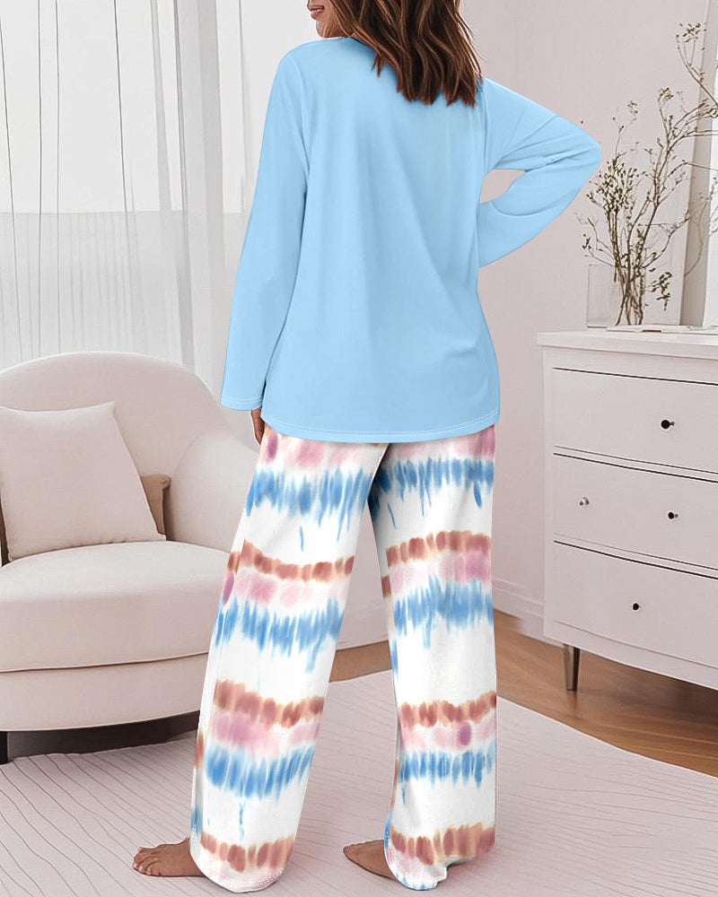 2 Pieces Outfit Letter Print Long Sleeve Top and Tie Dye Print Elastic Waist Pants Set Casual Pajamas Set - Image 13