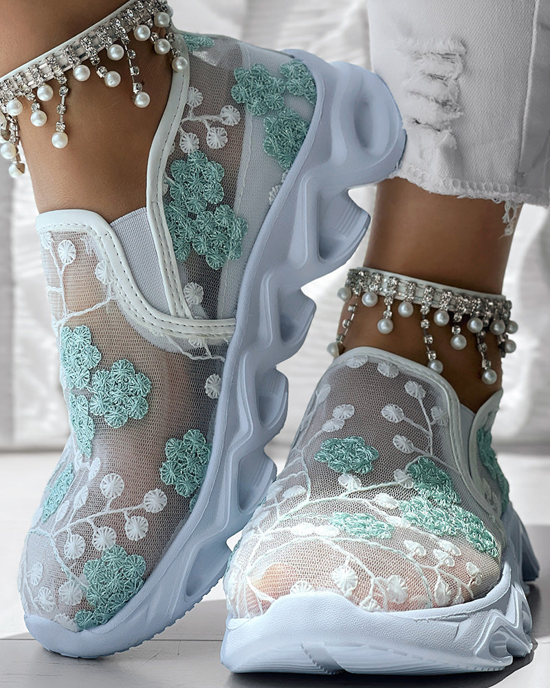 Floral Pattern Sheer Mesh Patch Round Toe Sneakers - Image 22