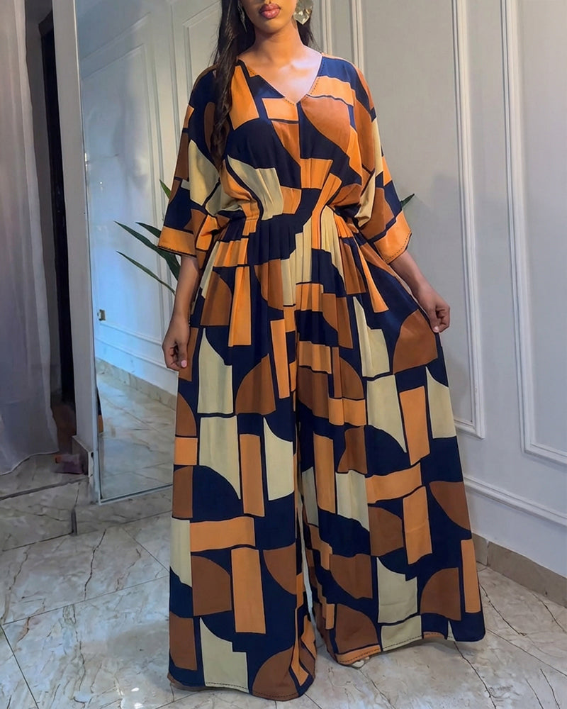 Colorblock Geometric Print V-Neck Batwing Sleeve Ruched Waist Overalls Casual Cinched Waist Wide Leg Jumpsuit - Image 5