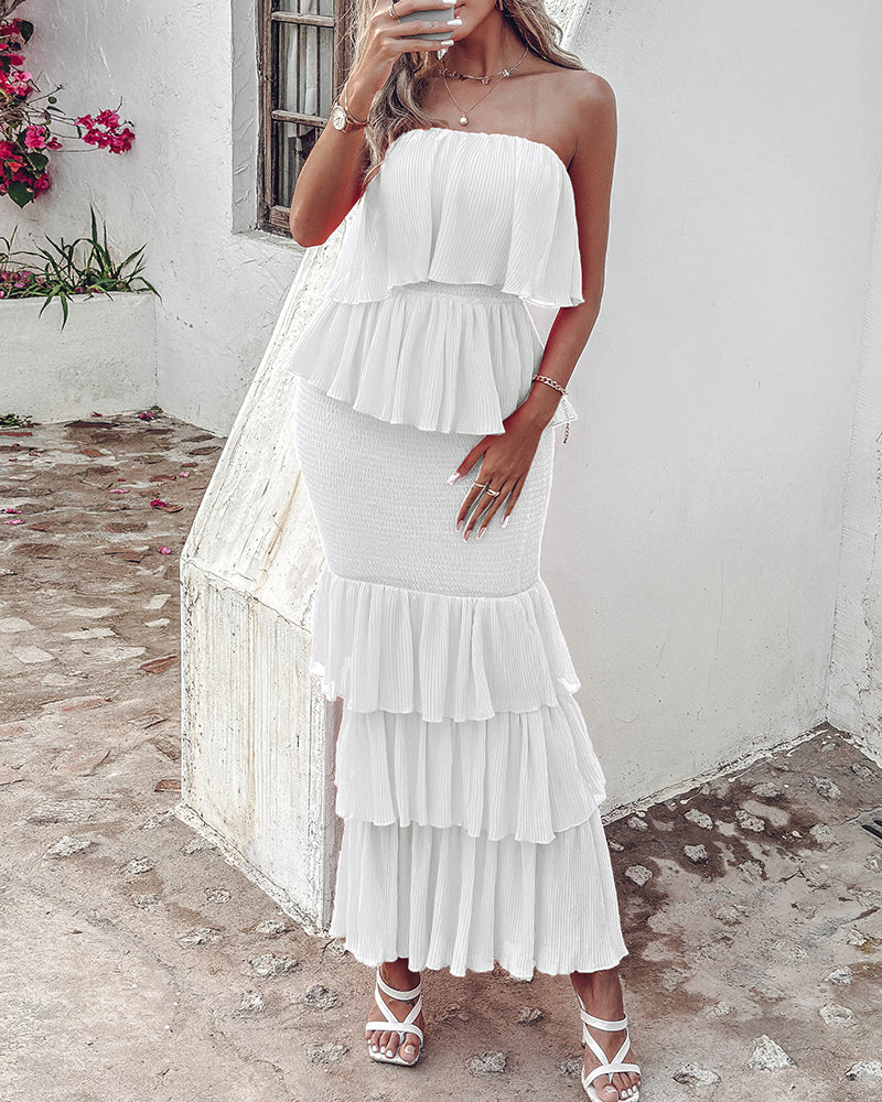 Layered Ruffle Shirred Slim Fit Strapless Dress Textured Maxi Party Dress - Image 4