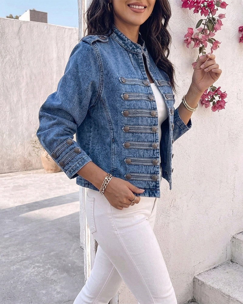 Women's Vintage Denim Jacket Stand Collar Button Decor Crop Jean Coat Washed Outwear with Pockets - Image 5