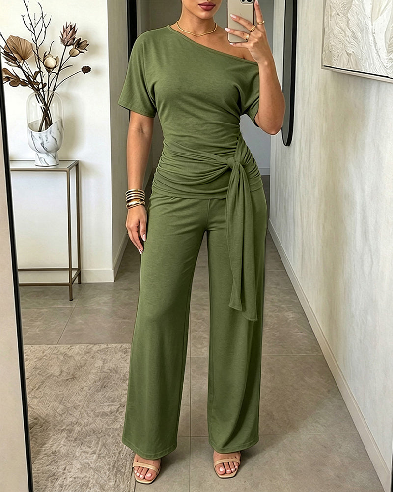 Women's Skew Neck 2 Piece Outfits Ruched Tie Waist Short Sleeve Top and High Waisted Wide Leg Pants Lounge Set - Image 8