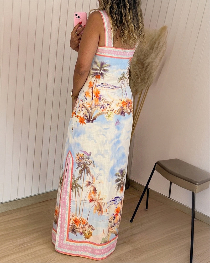 Women's Tropical Landscape Print Square Neck Maxi Dress Side Slits Backless Vacation Beach Dress with Pockets - Image 4