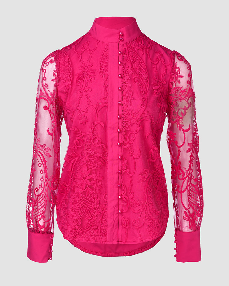 Women's Elegant Mesh Patchwork Shirt Floral Embroidery Stand Collar Pearl Button Long Sleeve Blouse - Image 6