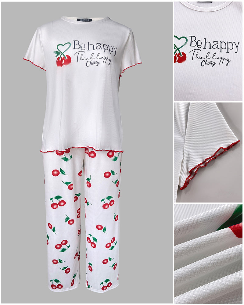 2 Pieces Outfit Letter & cherry Print Short Sleeve Frill Trim Top and Elastic Waist Pants Set Casual Ribbed Pajamas Set - Image 4