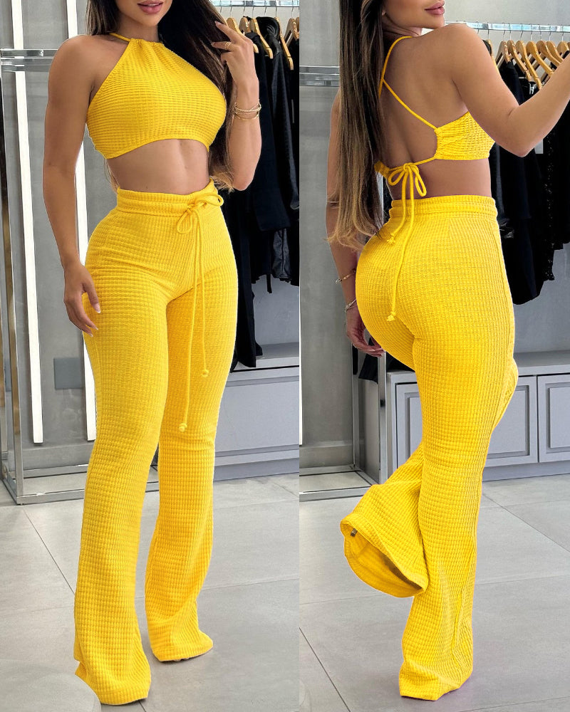 2 Pieces Outfit Halter Backless Tied Detail Crop Top and High Waist Drawstring Elastic Waist Slim Fit Flared Pants Set Casual Waffle Set - Image 2