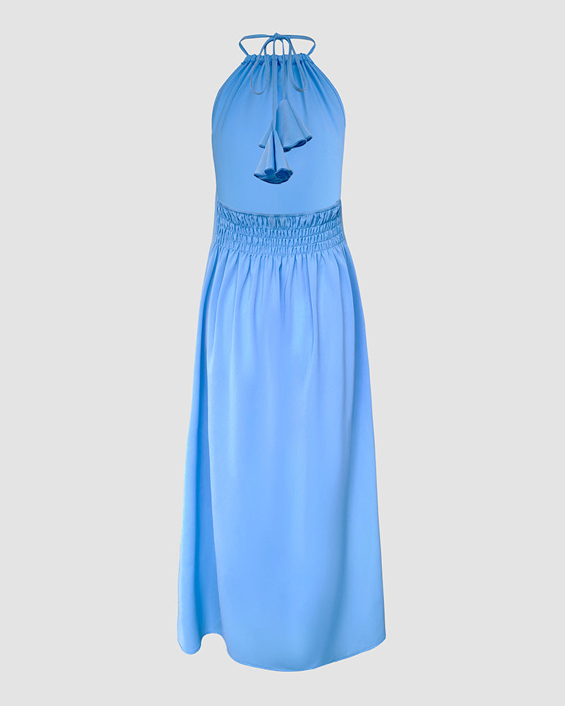 Halter Sleeveless Backless Maxi Dress Casual Shirred Back Side Slit Vacation Dress - Image 4