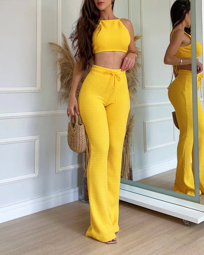 2 Pieces Outfit Halter Backless Tied Detail Crop Top and High Waist Drawstring Elastic Waist Slim Fit Flared Pants Set Casual Waffle Set - Image 3