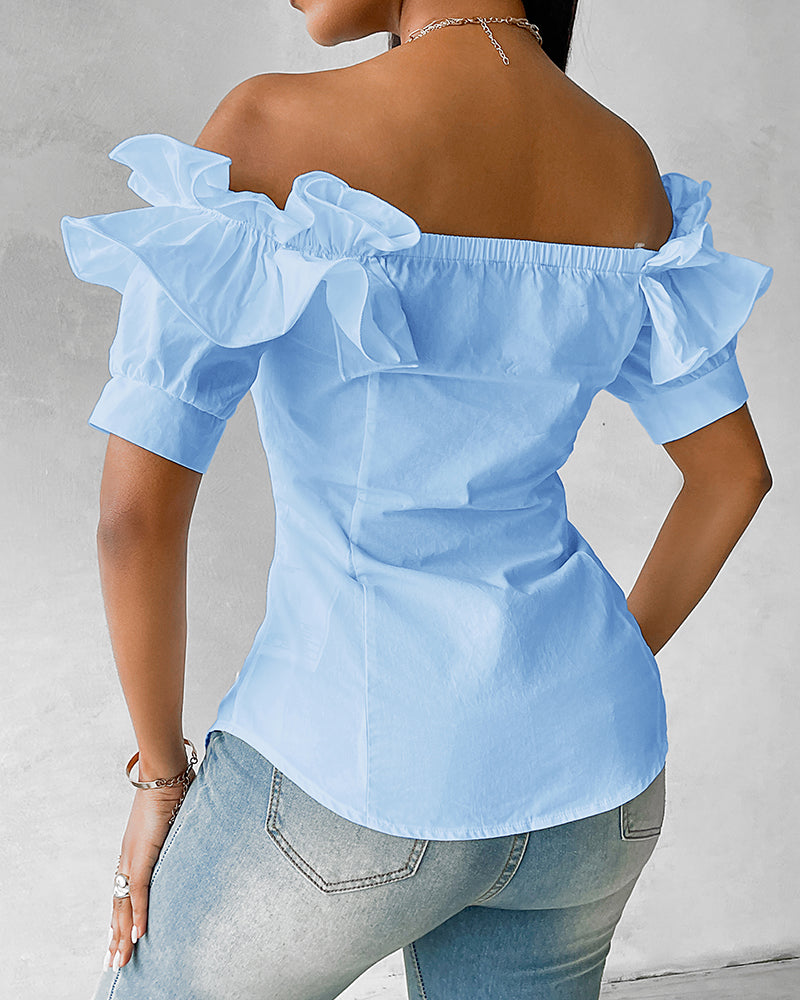 Ruffles Off Shoulder Short Sleeve Button Front Blouse Asymmetrical Hem Top - Image 15