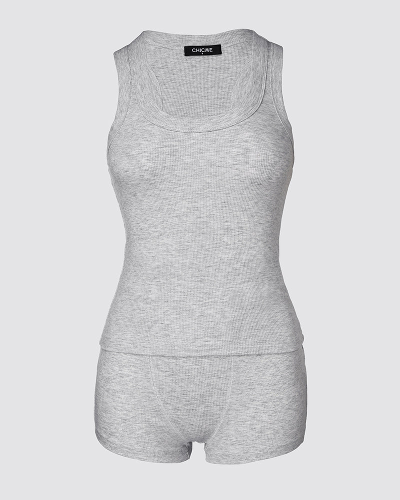 2PCS Micro-Ribbed U-Neck Tank Top & Boxer Set Cozy Loungewear - Image 6