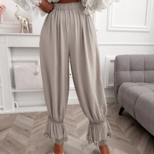 Women's Lace Patchwork Pants Elastic High Waist Hollow Out Ruffle Hem Lantern Trousers Casual Loose Lounge Pants