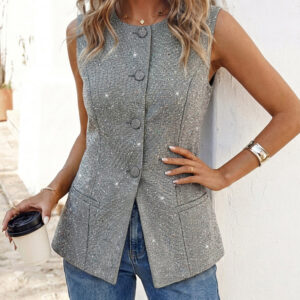 Women's Sparkly Tweed Vest Button Down Sleeveless Slit Hem Top