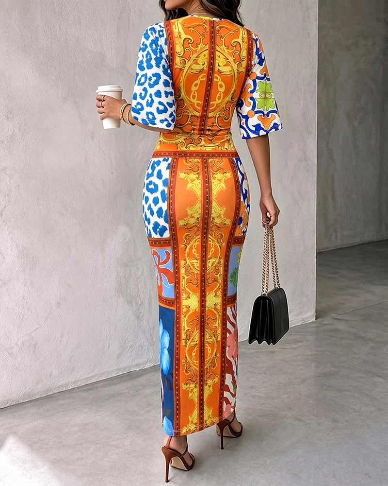 Women's Vintage Baroque Print Maxi Dress Sexy V Neck Ruched Drawstring Bodycon Dress High Slit Party Dress - Image 2