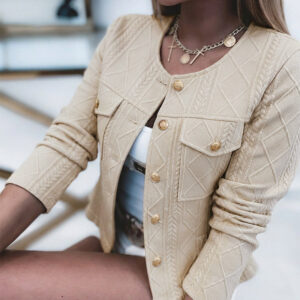 Women's French Style Cropped Jacket Round Neck Gold Button Coat Argyle Cable Jacquard Knit Outerwear