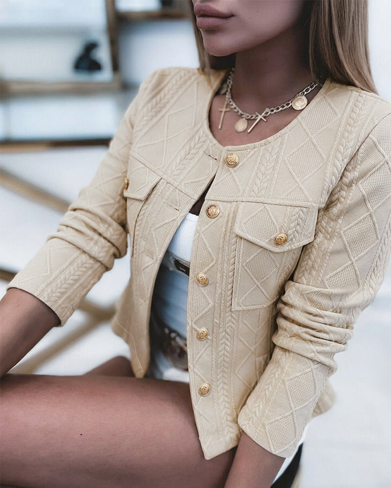 Women's French Style Cropped Jacket Round Neck Gold Button Coat Argyle Cable Jacquard Knit Outerwear