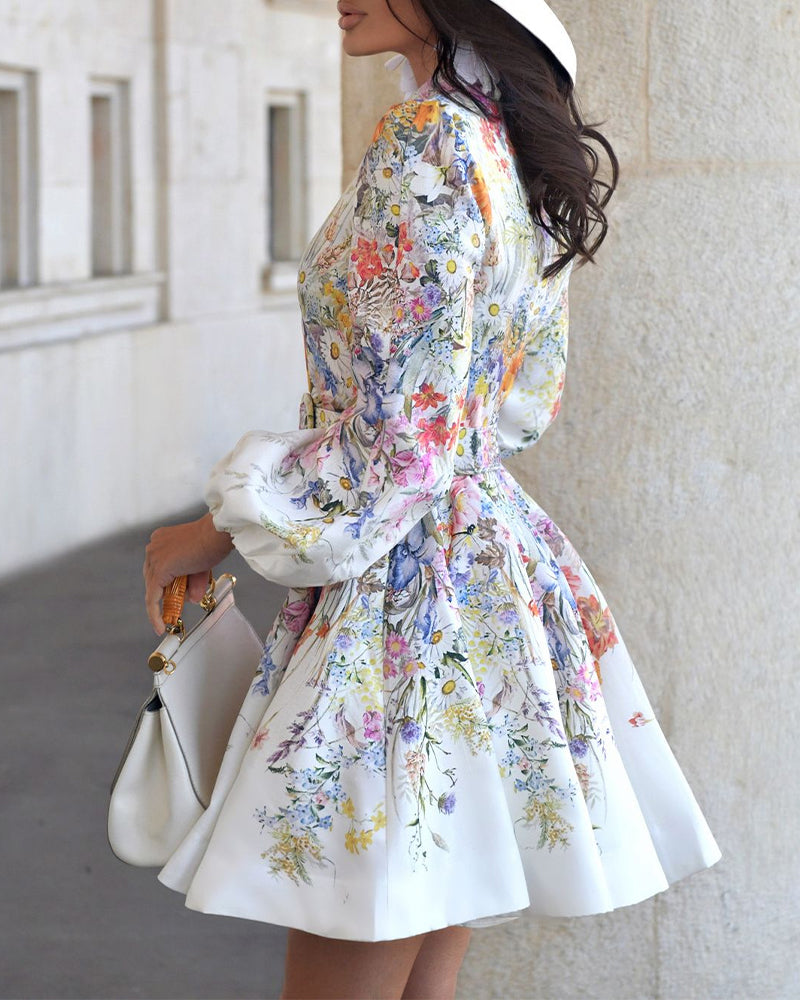 French Style Floral Print Stand Collar Lantern Sleeve Mixed-shape Button Down Dress Elegant Palace Style Cinched Waist Umbrella Hem Dress with Belt - Image 6