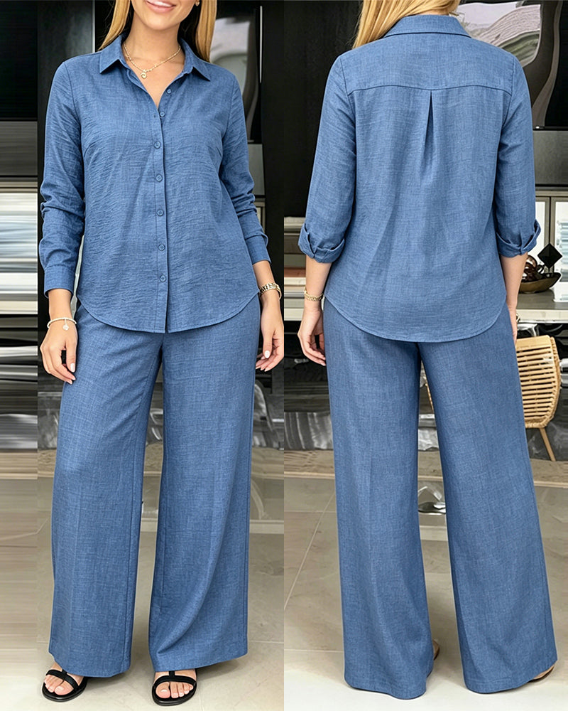 Women's 2 Piece Textured Set Button Down Shirt and Wide Leg Pants Set Casual Loose Lightweight Outfits with Pockets - Image 4