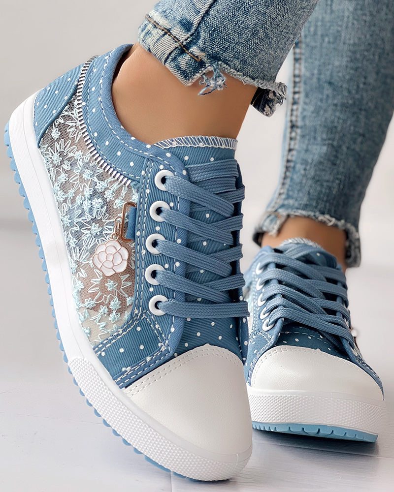 Floral Pattern Embroidery Dot Print Sneakers - Image 9