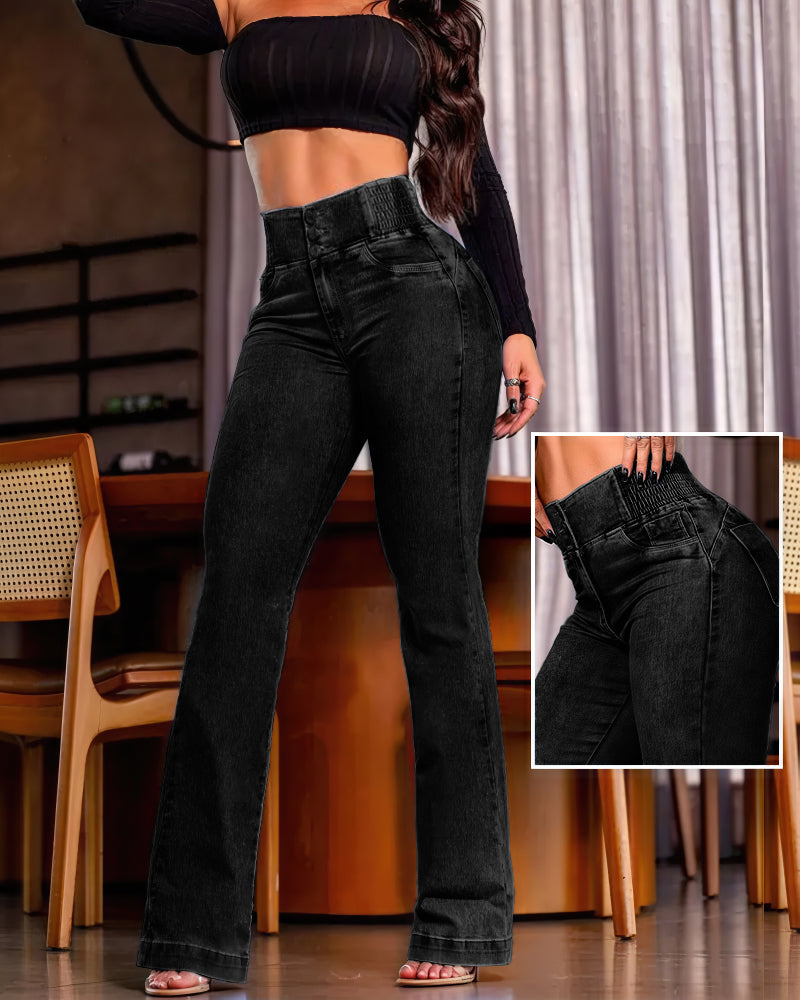 ChicMe CurveEase Back Shirred Button Front High Waist Jeans Skinny Flared Denim Jeggings - Image 5