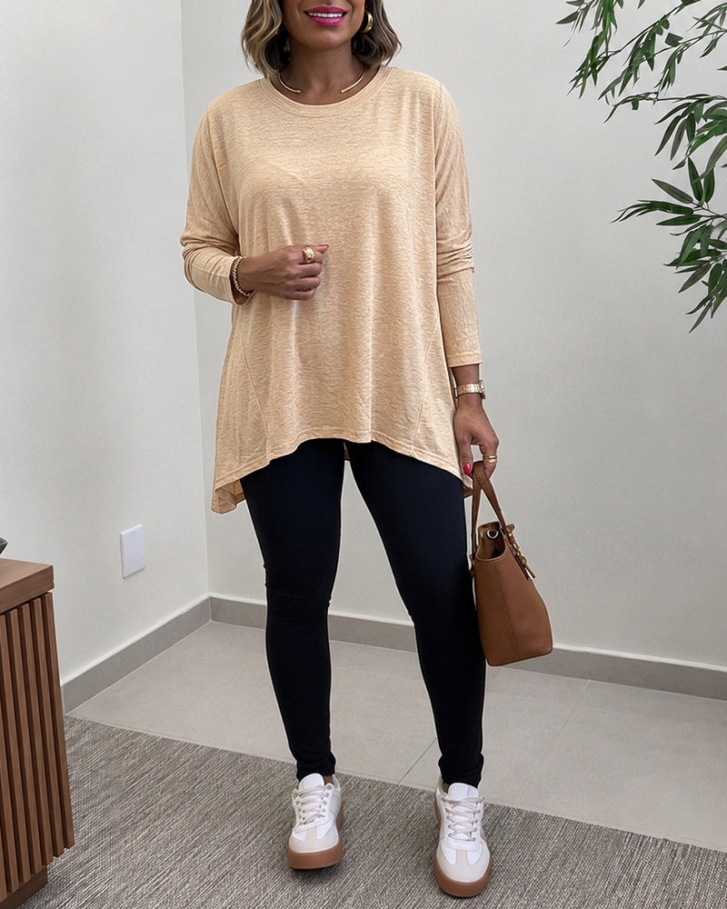 Women's Asymmetric Hem Long Sleeve Top Loose Fit Dropped Shoulder Crewneck Soft Slouchy Casual Tee - Image 4
