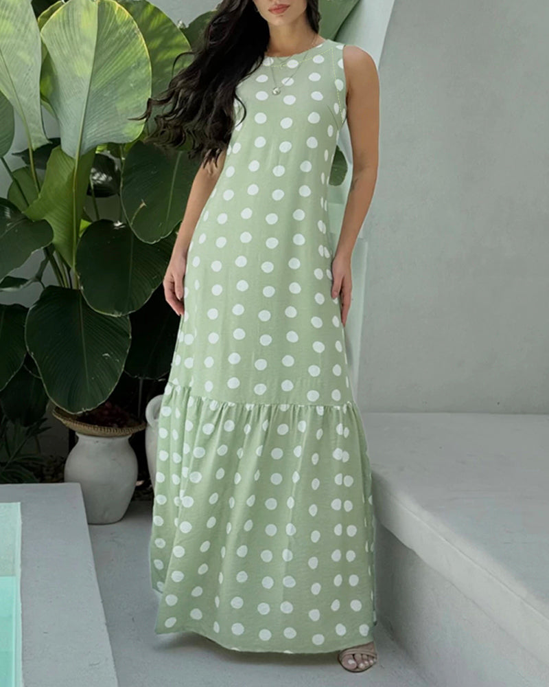 Women's Polka Dot Maxi Dress Casual Sleeveless Lace up Back Vacation Dress Elegant Ruffle Hem Loose A Line Long Sundress - Image 2