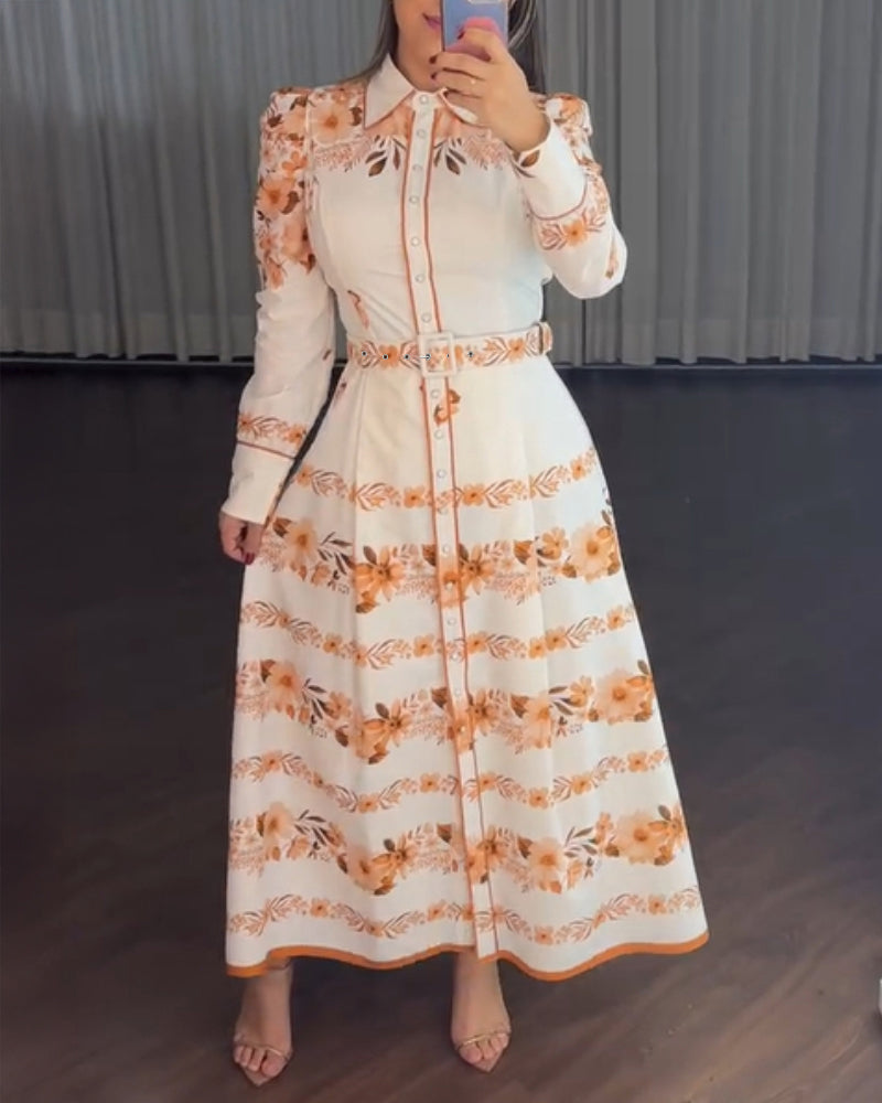 Floral Placement Print Turn-down Collar Puff Sleeve Vacation Dress Casual Button Down Shirt Dress With Belt and Lining - Image 2