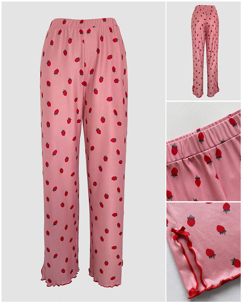 2 Pieces Outfit Bowknot Decor Turn-down Collar V-Neck Top and Elastic Waist Slit Hem Pants Set Casual Strawberry Print Frill Trim Ribbed Pajamas Set - Image 7