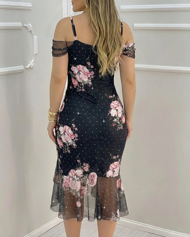 Women's Floral Mesh Slit Dress Rhinestone Pearls Decor Straps Cold Shoulder Ruffle Hem Dress Sexy Bodycon Party Dress - Image 2