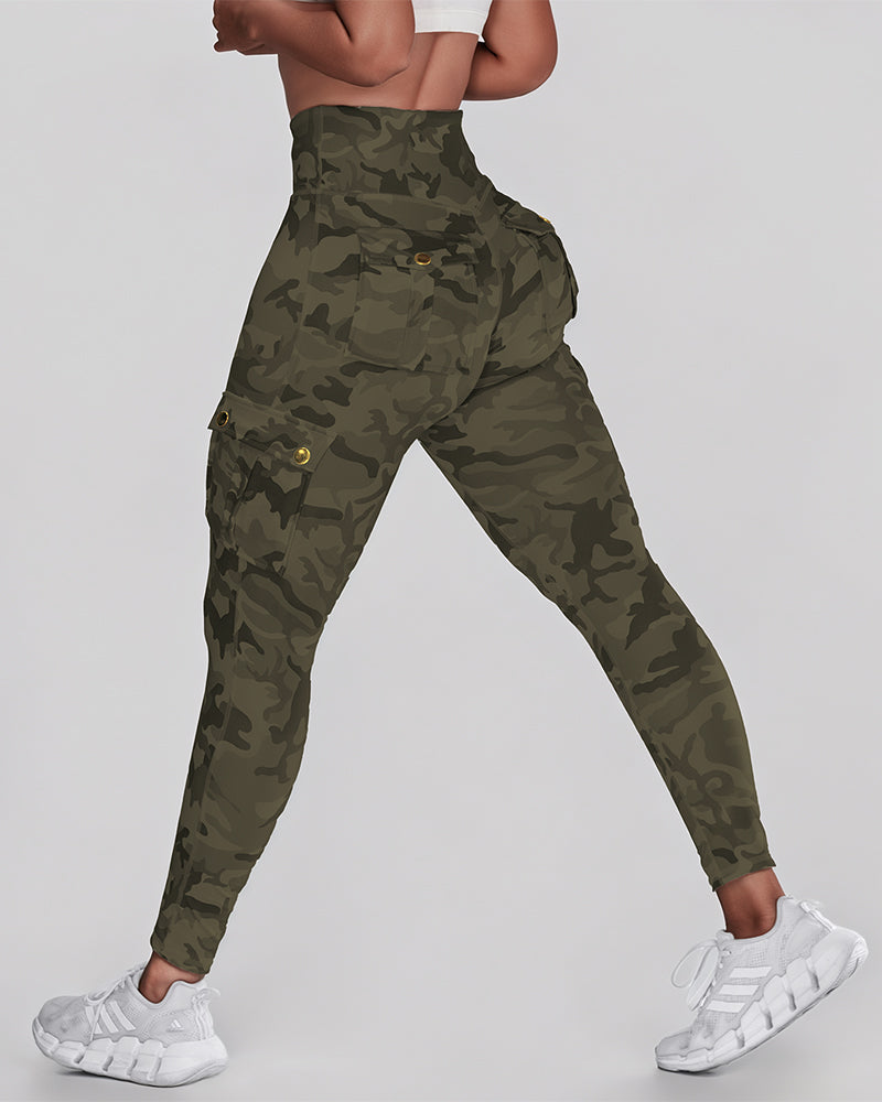 Camouflage Print High Waist Skinny Leggings with Cargo Flap Pockets Casual Pants - Image 7