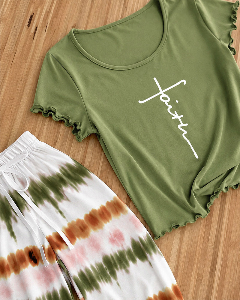 Women's Two Piece Pajama Set Faith Letter Print Short Sleeve Top and Tie Dye Straight Leg Pants Casual Lounge Set - Image 4