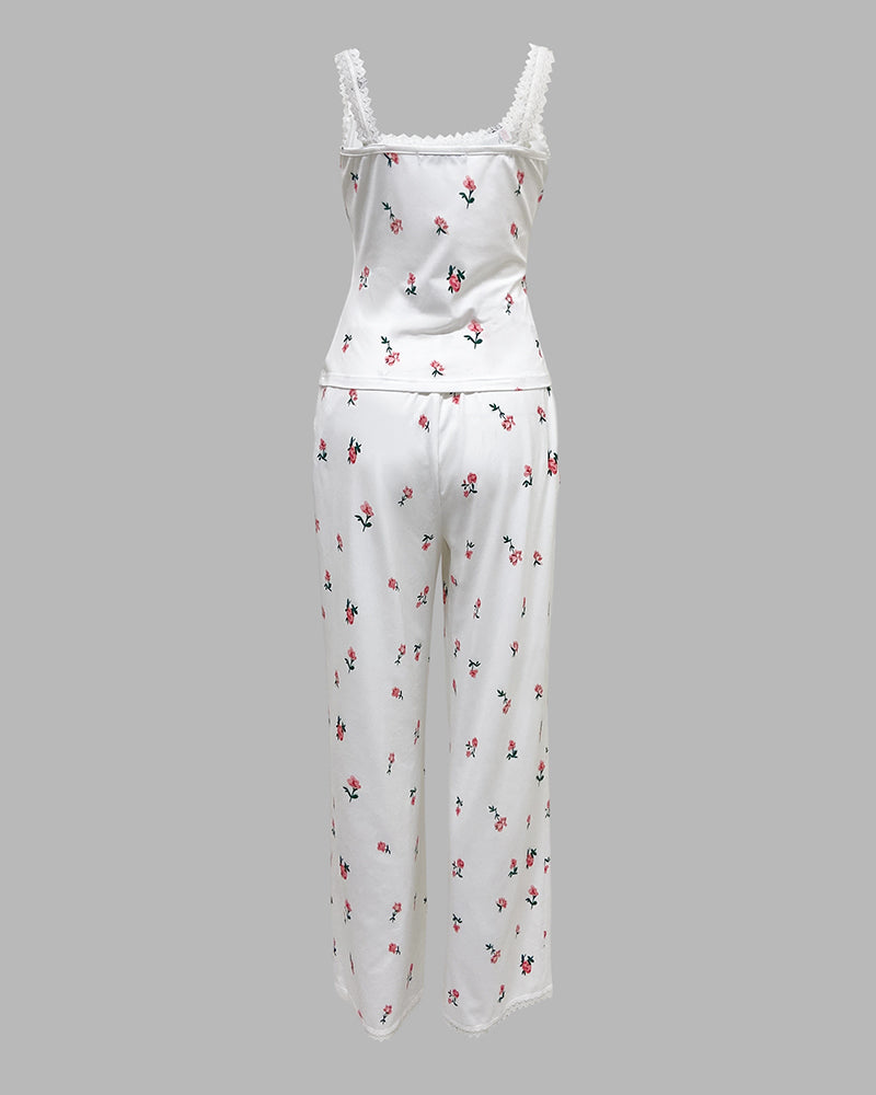 Women's Ditsy Floral Print 2 Piece Pajamas Set Lace Cami Top and Pants Casual Loungewear Bowknot Sleepwear - Image 7