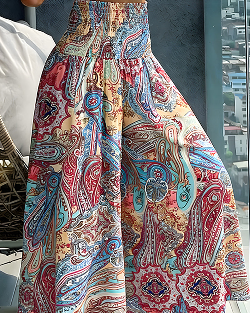 CHICME Women's Vintage Print Wide Leg Pants High Waisted Shirred Waist A-Line Trousers Flowy Boho Vacation Palazzo Pants - Image 5