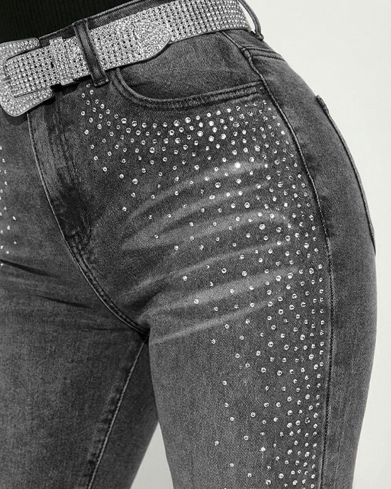 Rhinestone Decor High Waist Zipper Fly Skinny Jeans Washed Denim Pants without Belt - Image 8