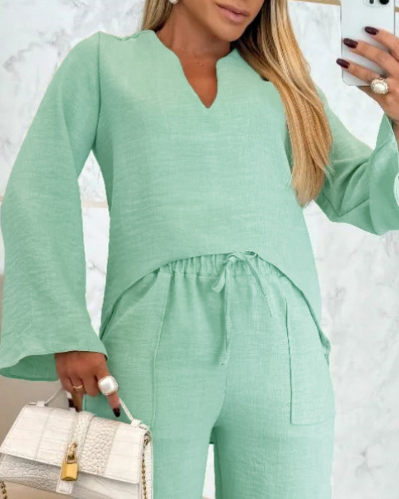 2 Piece Notch Neck Long Sleeve Asymmetrical Hem Tops Stretchy Waist Straight Leg Pants Lounge Sets Tracksuit - Image 9