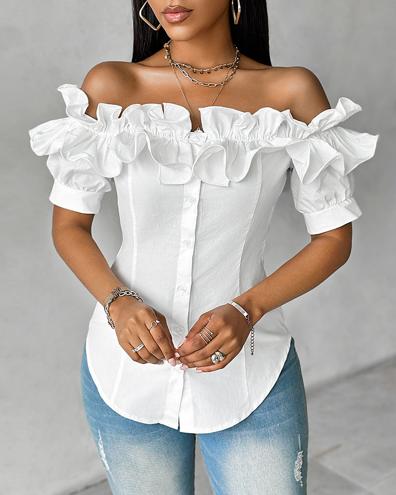 Ruffles Off Shoulder Short Sleeve Button Front Blouse Asymmetrical Hem Top - Image 3