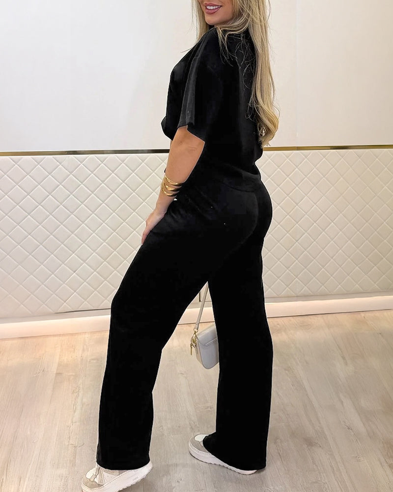 2 Pieces Outfit O-neck Short Sleeve Side Slit Top and Casual Drawstring Elastic Waist Seam Front Wide Leg Pants Set - Image 12